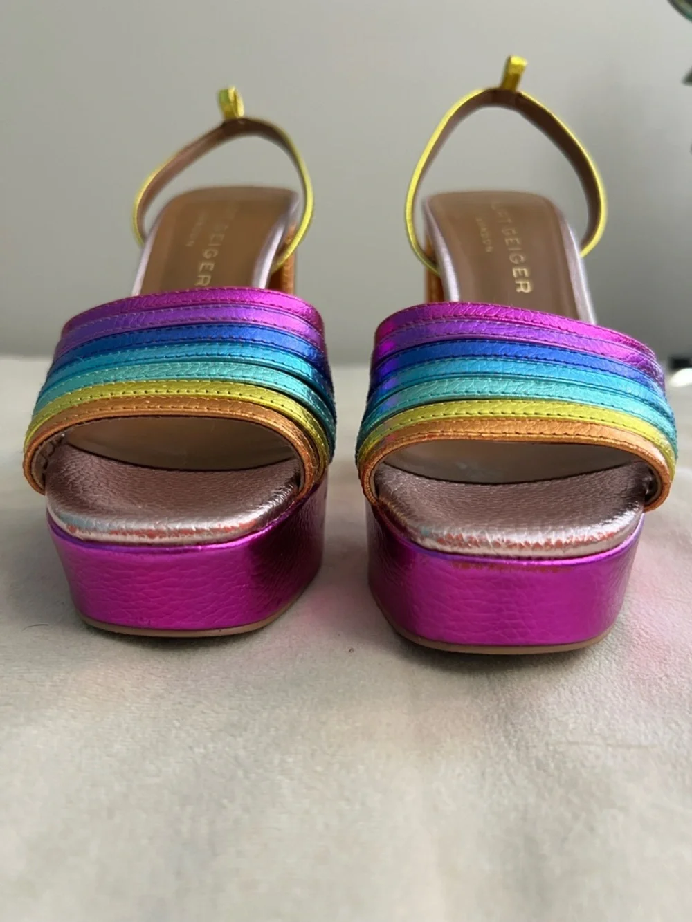 🌈 Kurt Geiger London Rainbow Platform Heels 💖 Metallic Slingback Block Heel 36.5